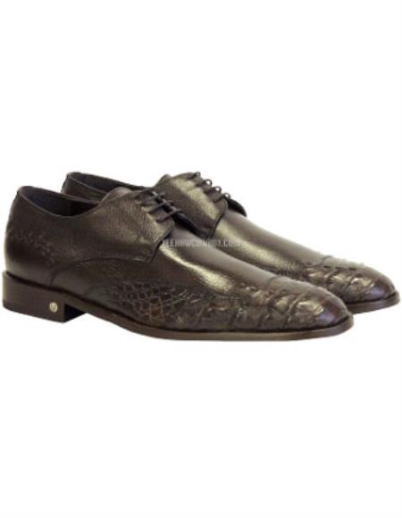 Handmade Brown Caiman Derby Shoes for Men