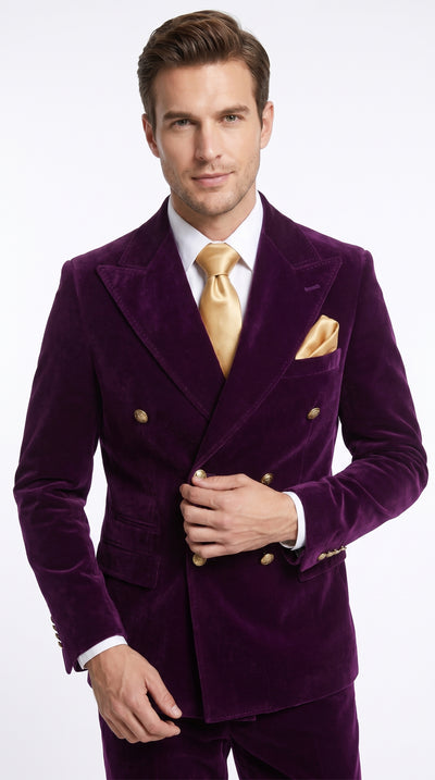 Menβs Rossi Man Zeus Purple Velvet Double Breasted Tuxedo Suit, Formal Wedding Prom Dinner Suit Set