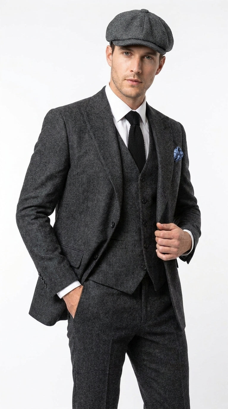 Men’s Heritage Charcoal Tweed 3 Piece Suit, Peaky Blinders Inspired Classic Formal Dress Suit