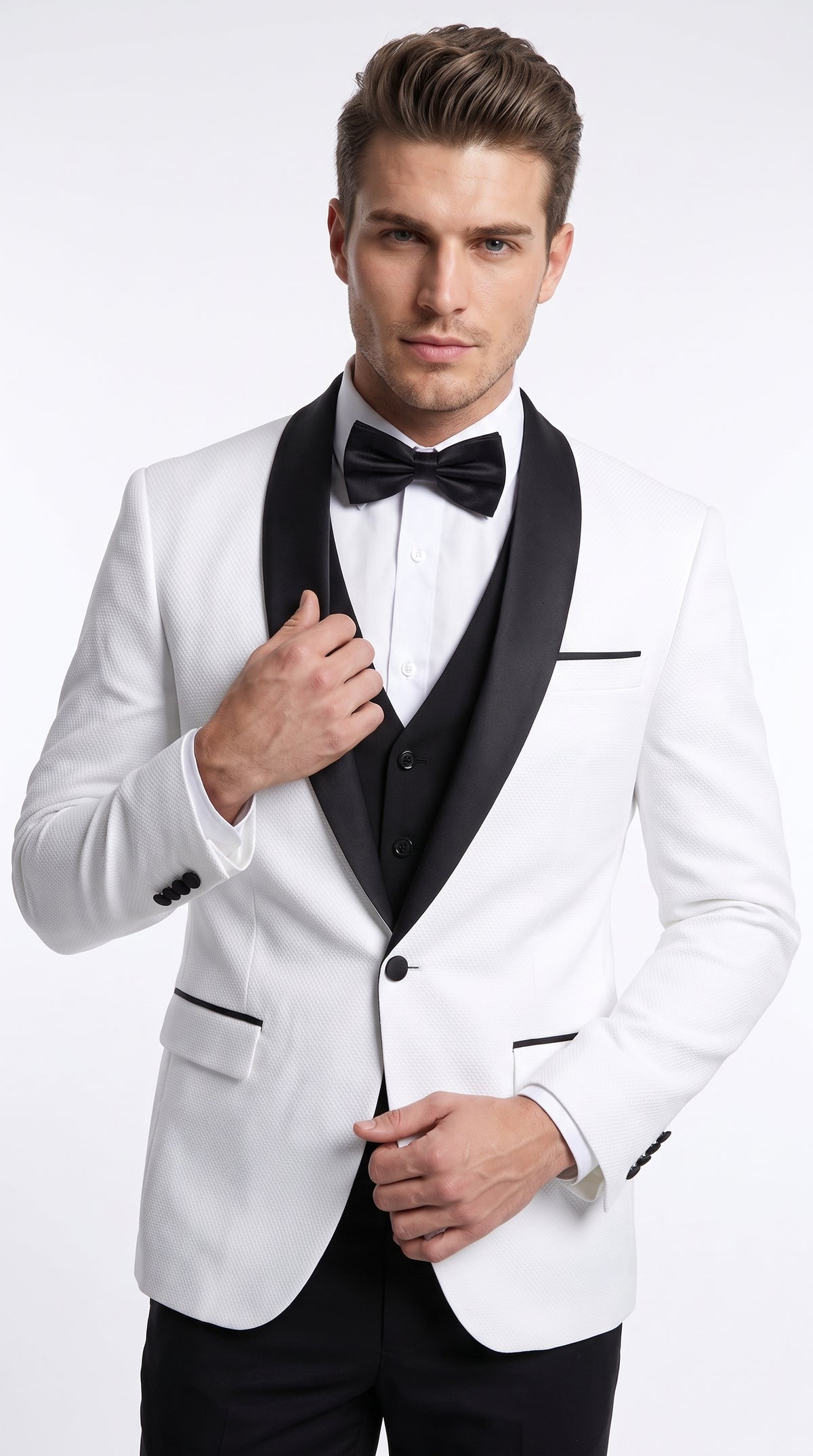 Men’s White Sharkskin Shawl Lapel Tuxedo, Black Trim Formal Wedding Prom Suit