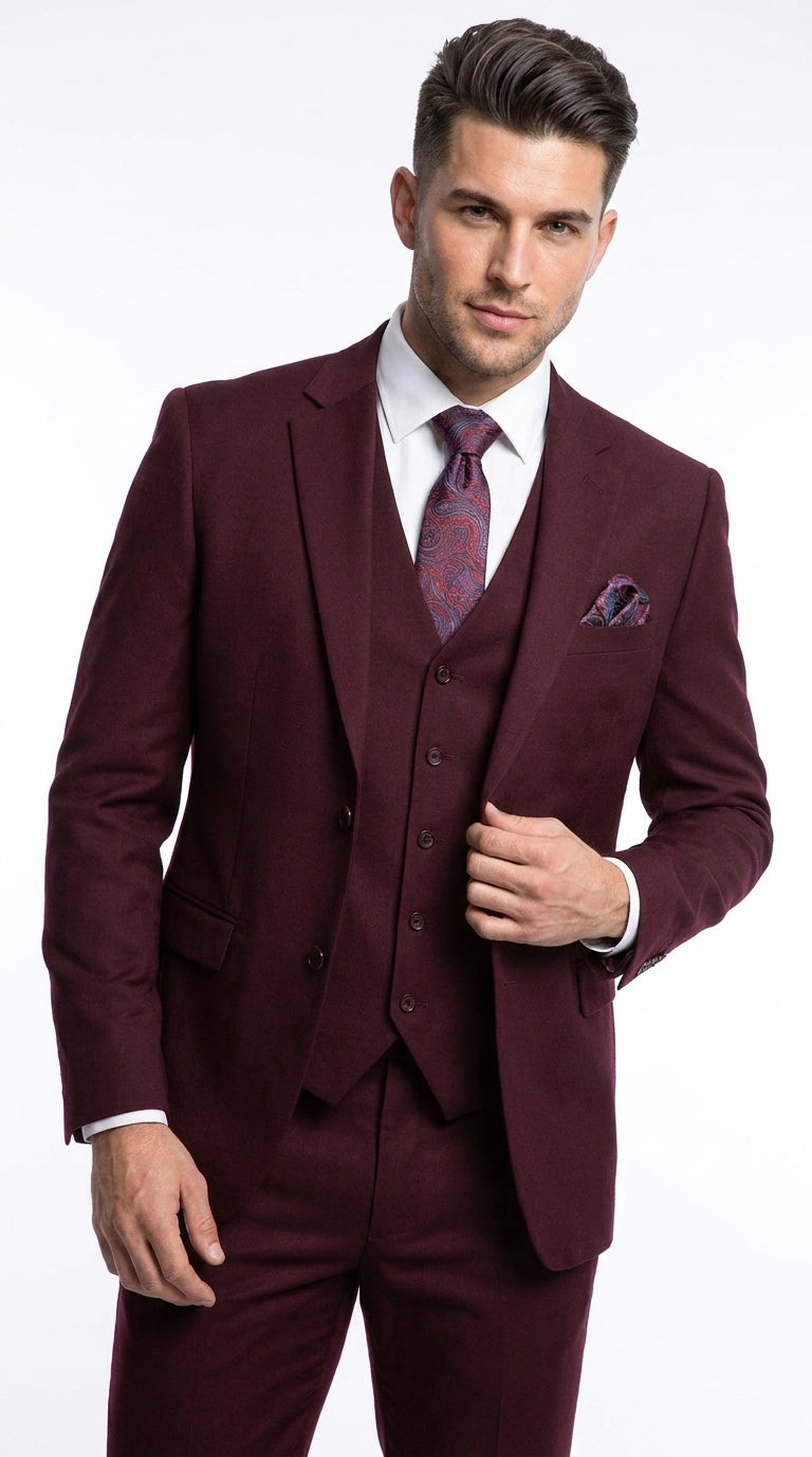 Men’s Burgundy 3-Piece Wool Suit – Regular Fit Wedding, Business and Formal Suit with Pleated Pants