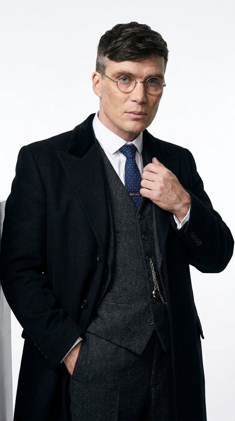 Men’s Black Peaky Blinders 3-Piece Suit with Overcoat – Thomas Shelby Inspired 1920s Gangster Outfit