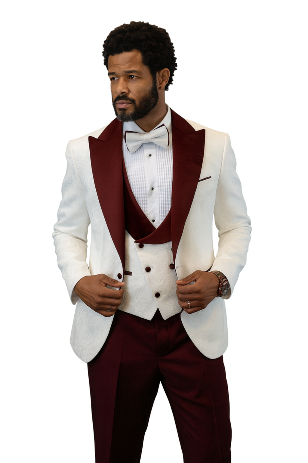 White & Burgundy Paisley Peak Lapel Tuxedo Set