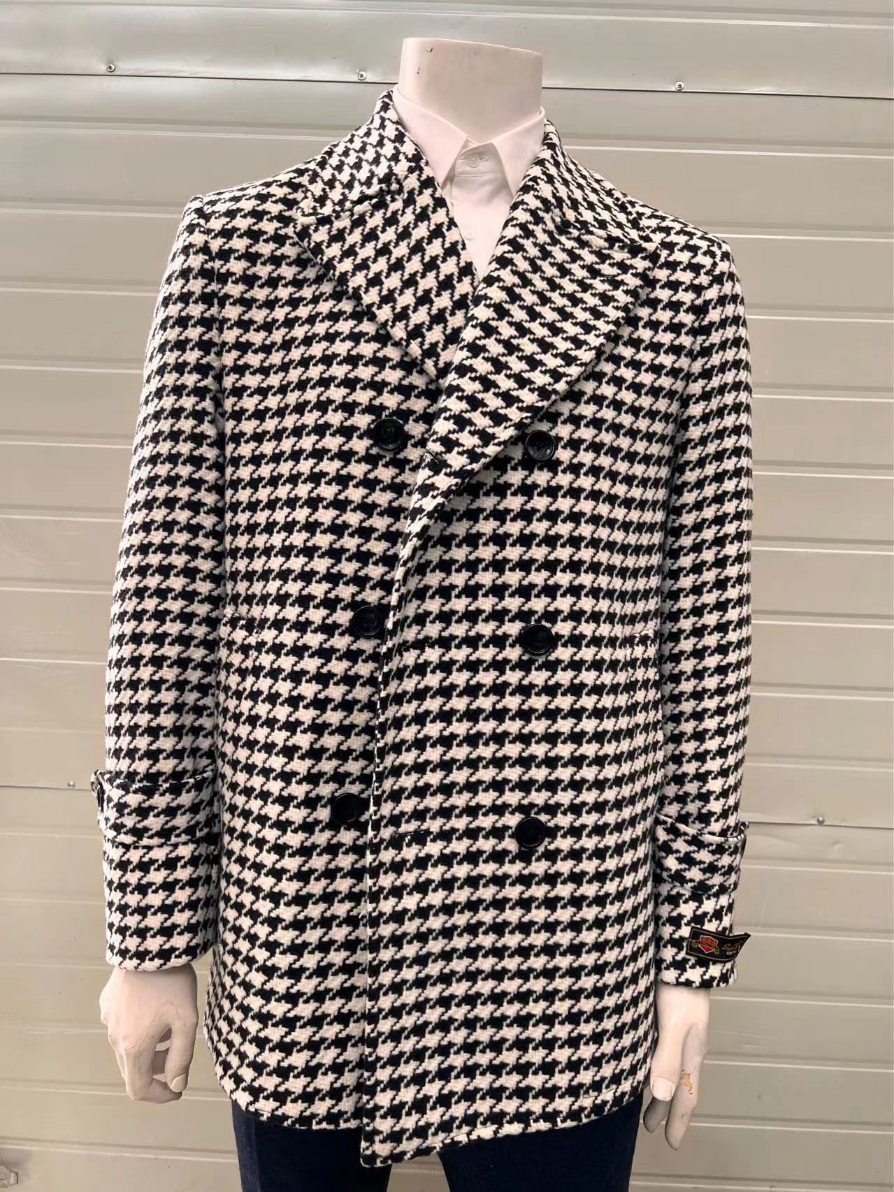 Men’s Houndstooth Wool Peacoat Slim Fit
