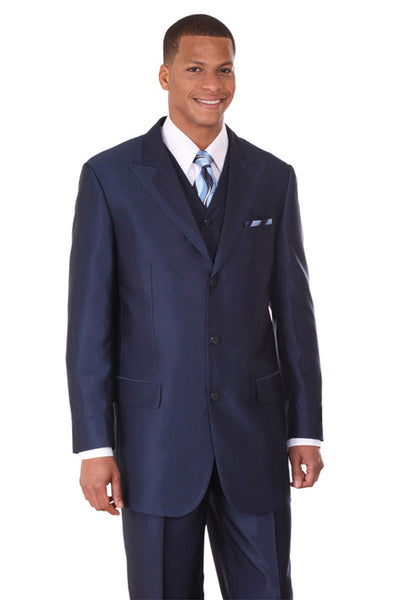 Menβs Navy 3 Button Suit with Satin Peak Lapel