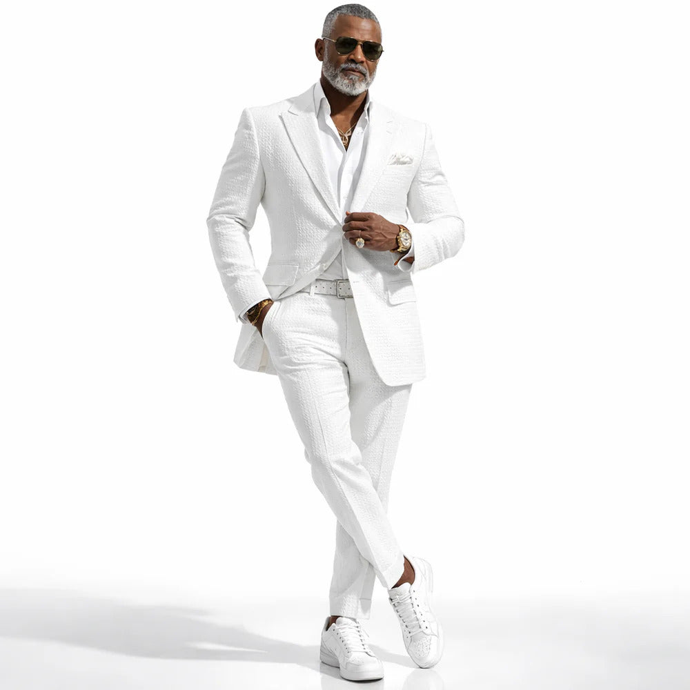 Inserch Mens Premium Cotton Seersucker Stripe Suit – White