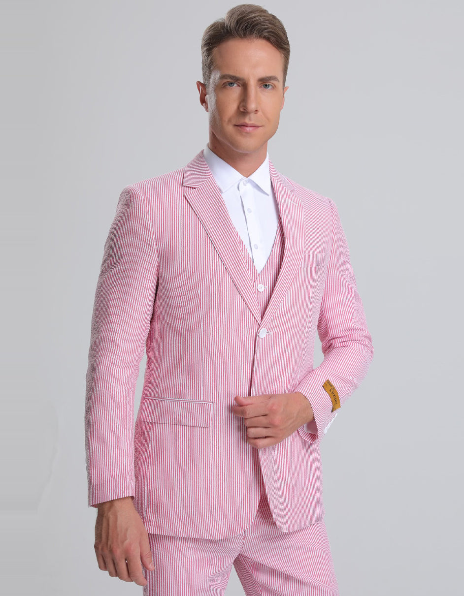 Red Pinstripe Seersucker Summer Suit with Vest