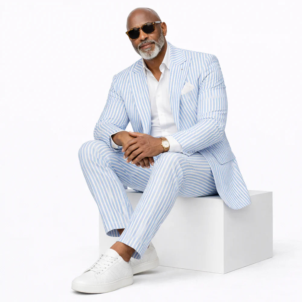 Inserch Mens Premium Cotton Seersucker Stripe Suit – Light Blue