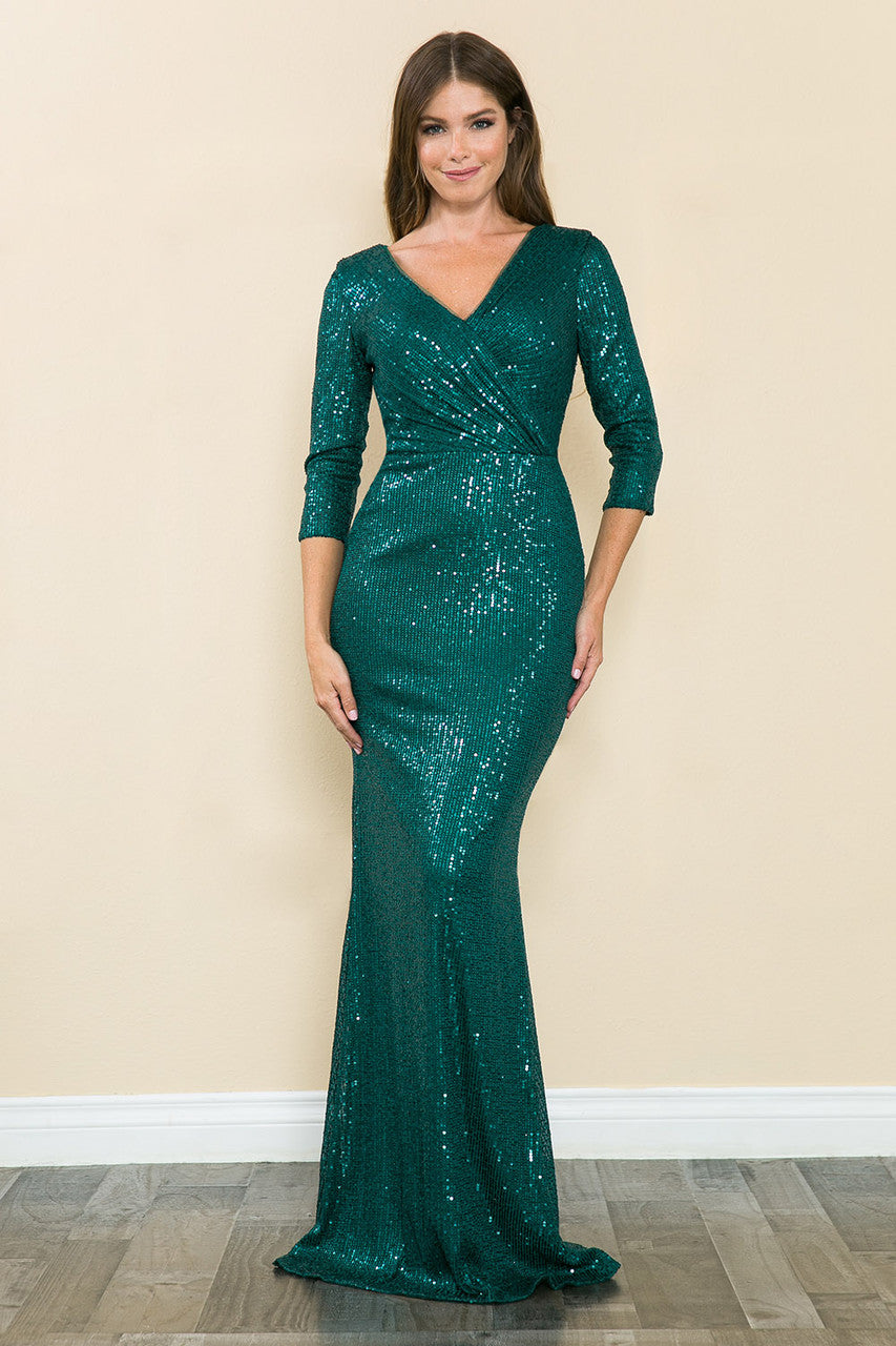 Sequin V-Neck Mermaid Evening Gown with 3/4 Sleeves Formal Dress By Lenovia 8186