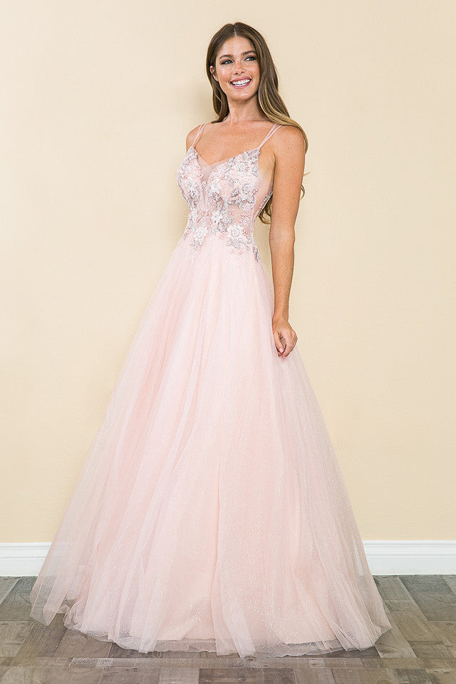 Glitter Tulle A-Line Gown with Floral Lace Appliqué Bodice and Double Spaghetti Straps Prom Dress By Lenovia 8182
