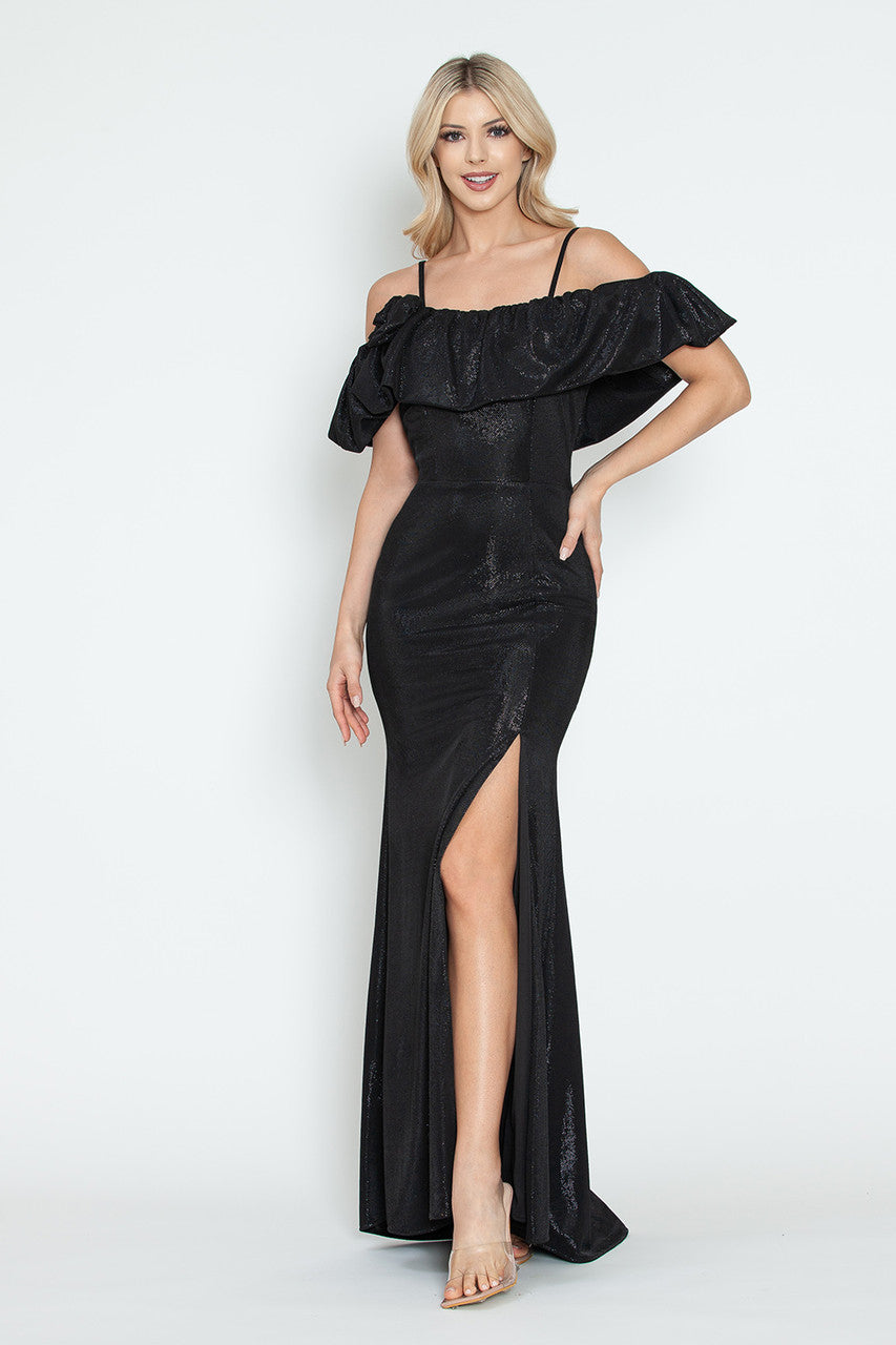 Ruffle Off-Shoulder Metallic Gown with Spaghetti Straps and Side Slit Formal Evening Dress By Lenovia 5316