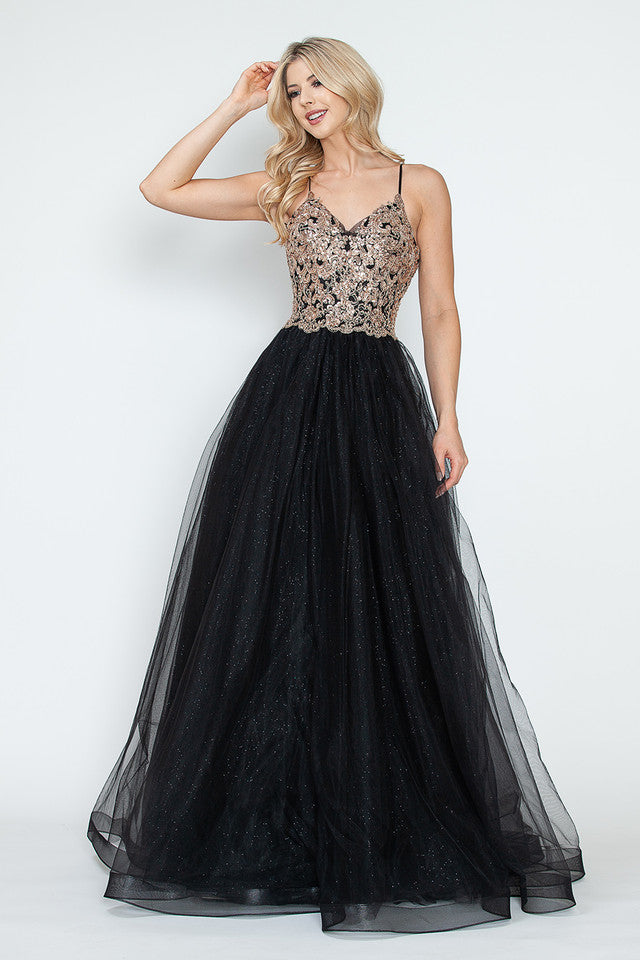 Sequin V-Neck A-Line Tulle Evening Gown with Lace Bodice Sleeveless Formal Prom Dress By Lenovia 8236