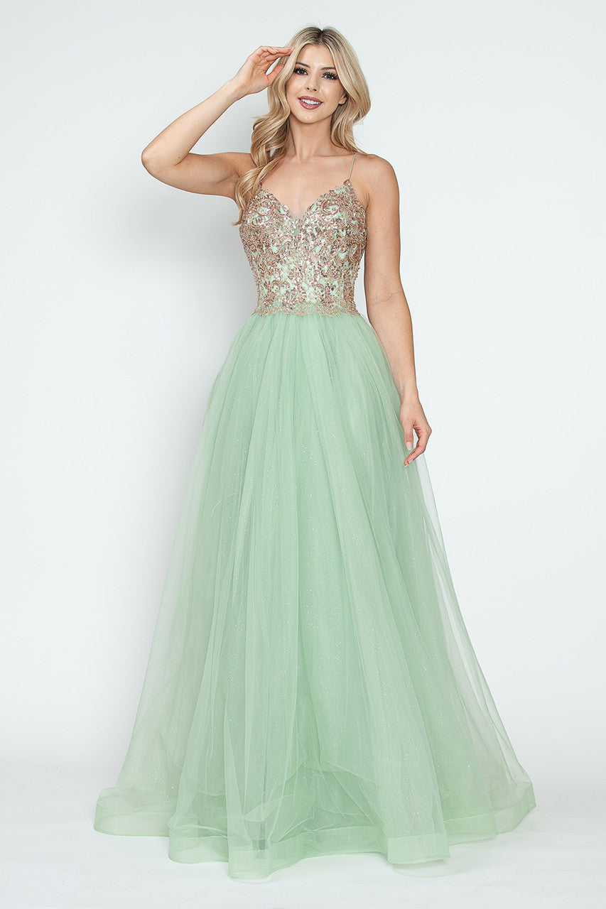 Sequin V-Neck A-Line Tulle Evening Gown with Lace Bodice Sleeveless Formal Prom Dress By Lenovia 8236
