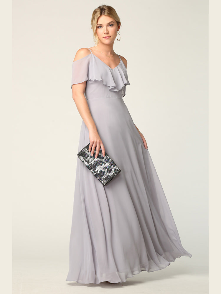 Elegant Cold Shoulder Chiffon A-Line Gown with Flutter Sleeves by Eva USA 3263