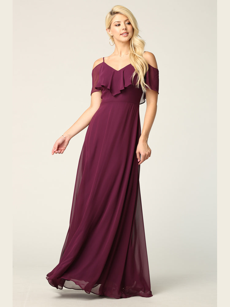 Elegant Cold Shoulder Chiffon A-Line Gown with Flutter Sleeves by Eva USA 3263
