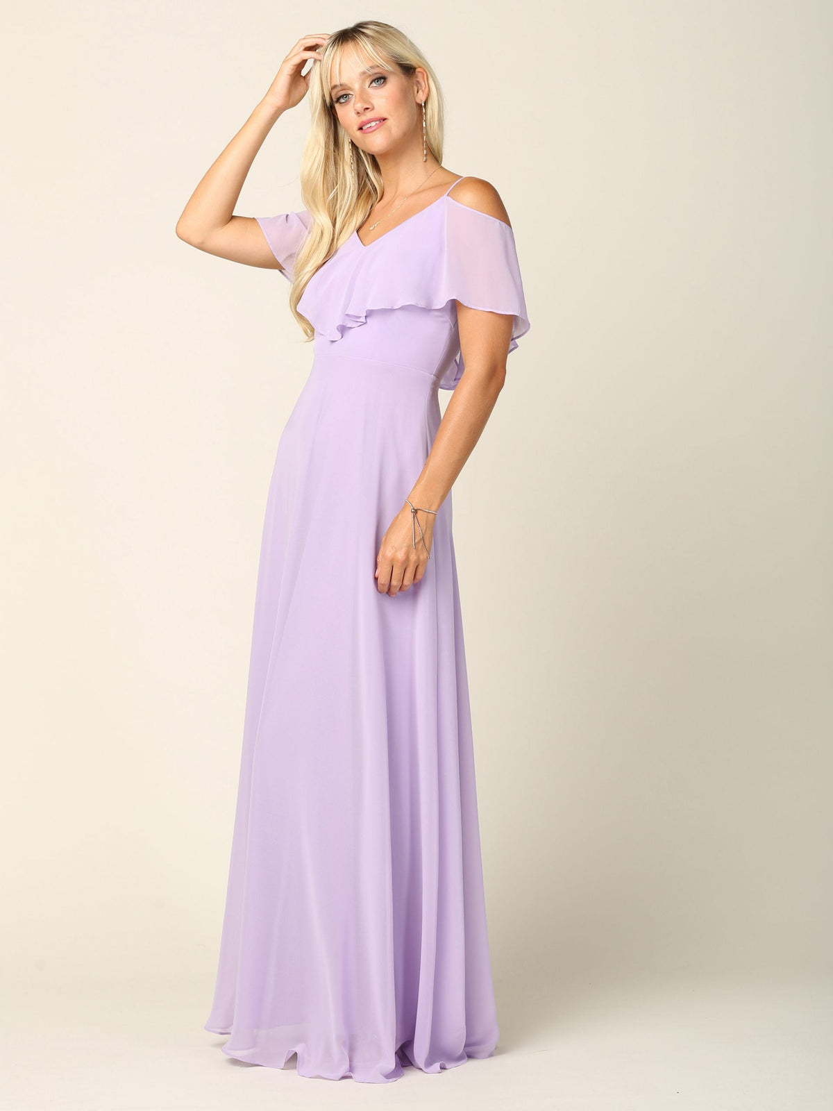 Elegant Cold Shoulder Chiffon A-Line Gown with Flutter Sleeves by Eva USA 3263