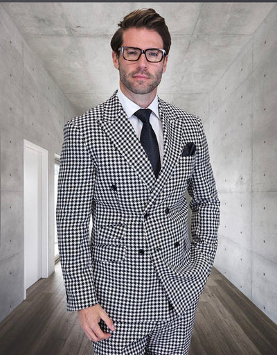 Menβs Black & White Houndstooth Double Breasted Wool Suit β 2 Piece Modern Fit Peak Lapel Suit