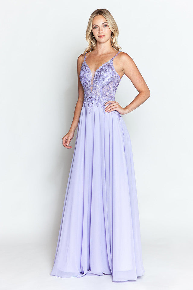 Embroidered A-Line Gown with Sheer V-Neck and Beaded Bodice Sleeveless Formal Prom Dress By Lenovia 8185