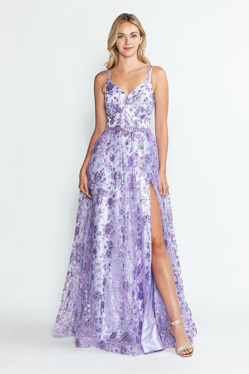 Glitter Embellished A-Line Gown with Corset Back & Stone Belt Formal Prom Dress by Lenovia 8235
