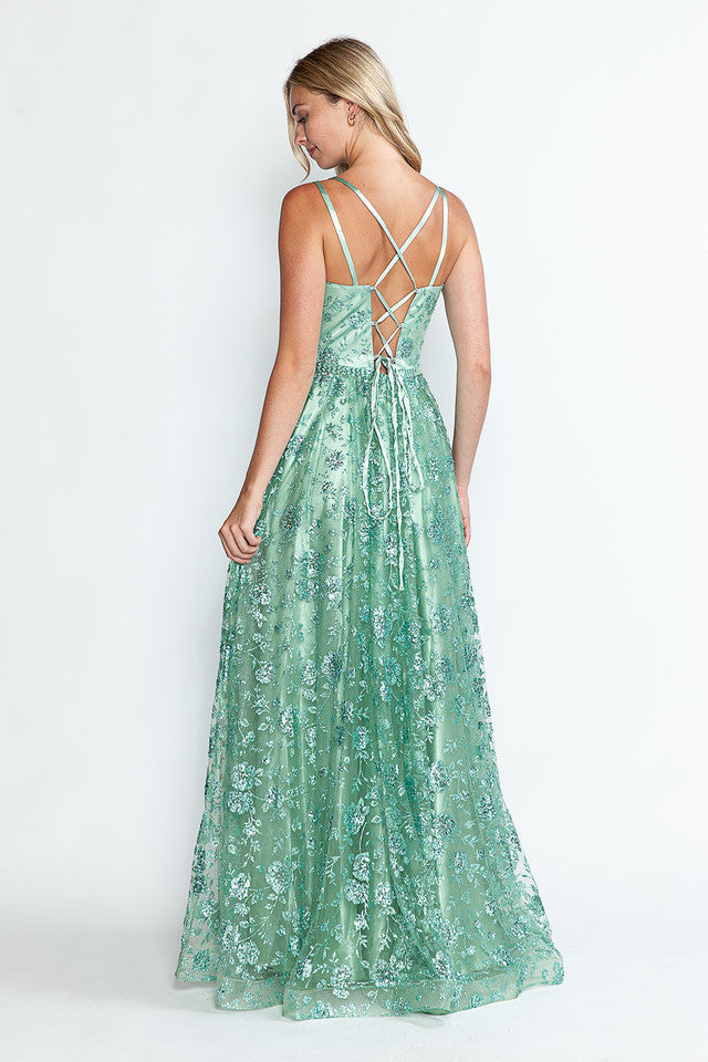 Glitter Embellished A-Line Gown with Corset Back & Stone Belt Formal Prom Dress by Lenovia 8235