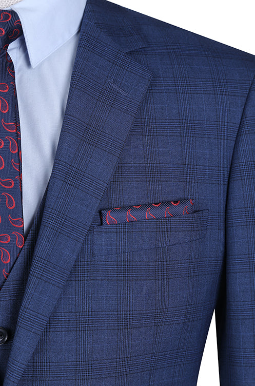 San Gemini 3 Piece Blue Glen Plaid Regular Fit Suit