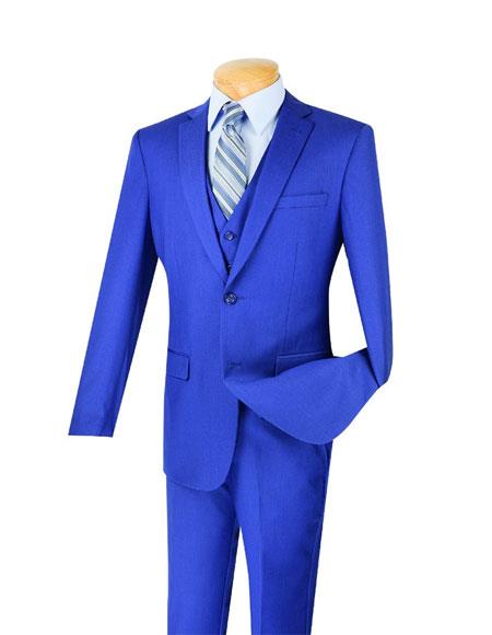 Men's Indigo ~ Bright Blue Poly/Rayon 3 Piece Slim Fit Suit With Flat Front Pants