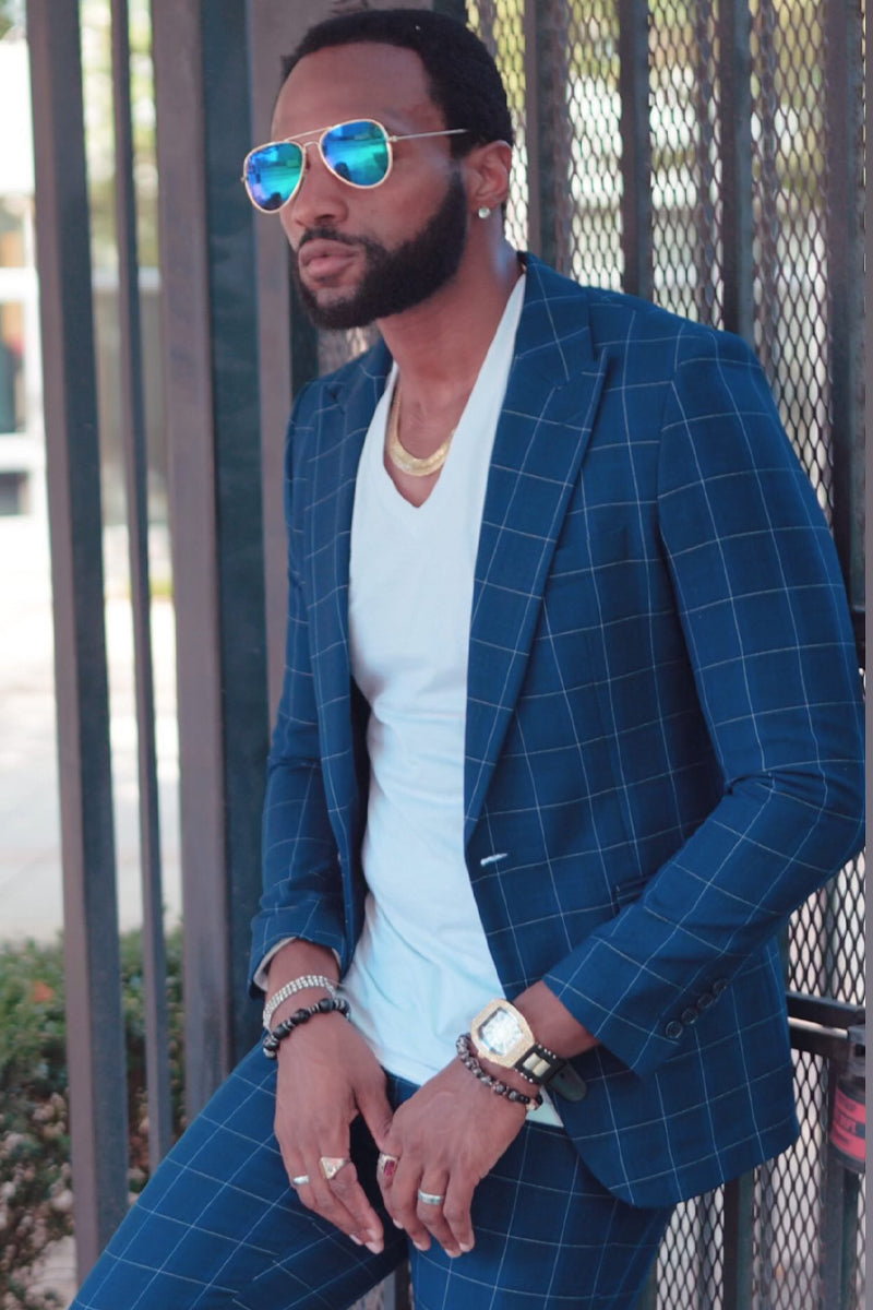 Navy Windowpane One Button Peak Lapel Suit