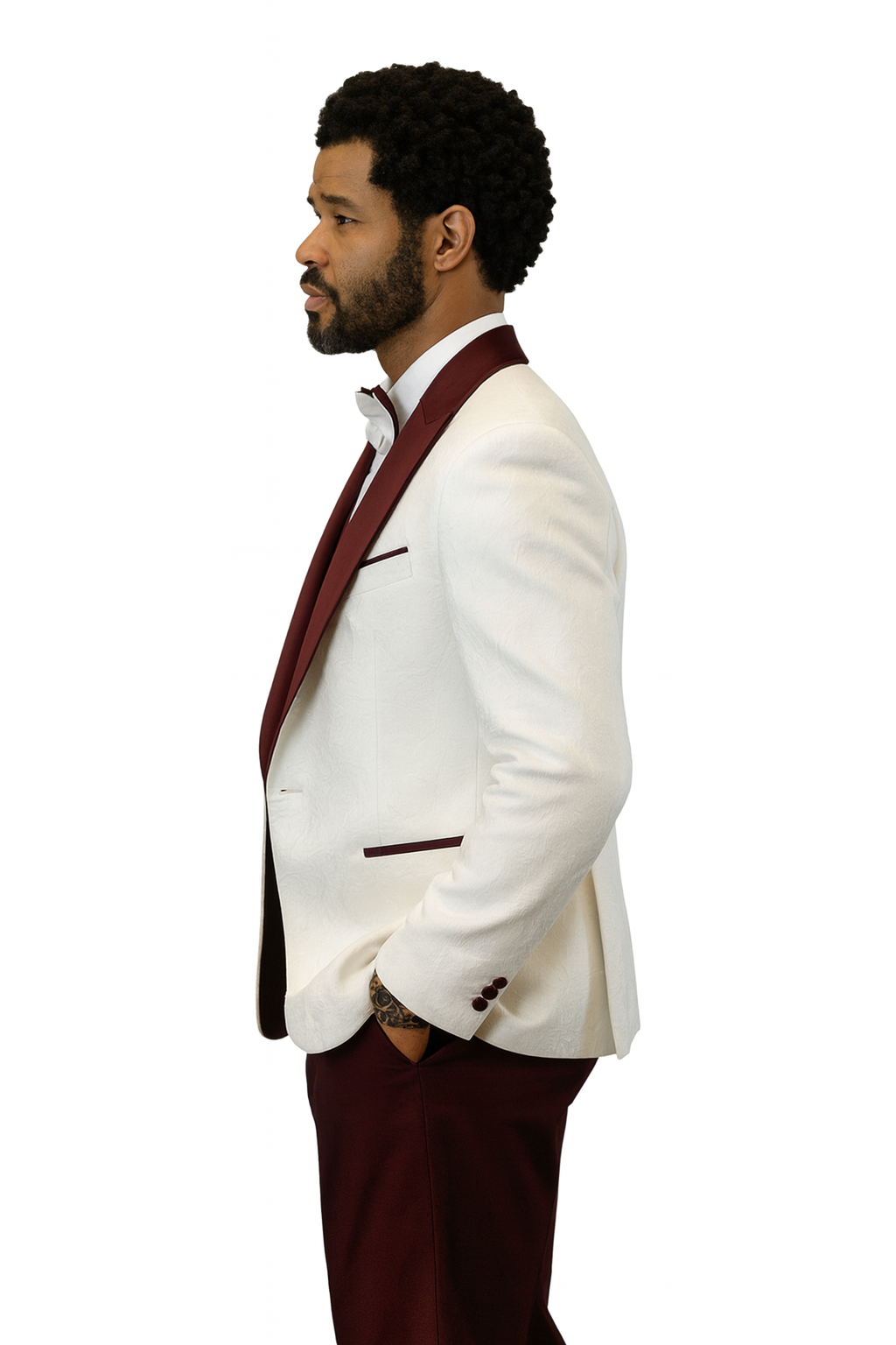 White & Burgundy Paisley Peak Lapel Tuxedo Set
