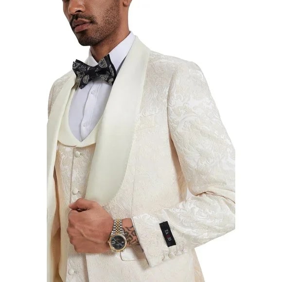 Ivory Paisley 3pc Suit Tuxedo by Tazzio