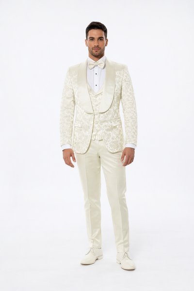 Designer Ivory Floral Tuxedo Set with Wide Shawl Lapel – Formal Wear