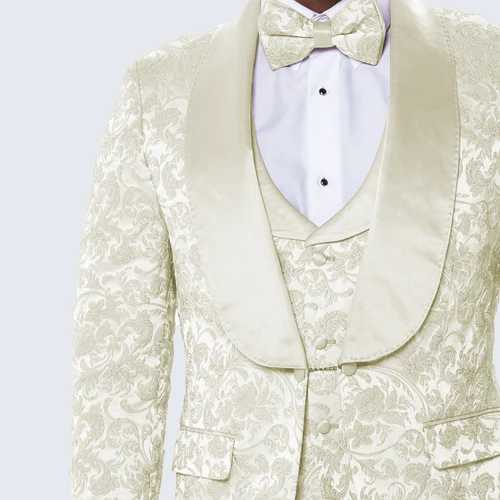 Designer Ivory Floral Tuxedo Set with Wide Shawl Lapel – Formal Wear