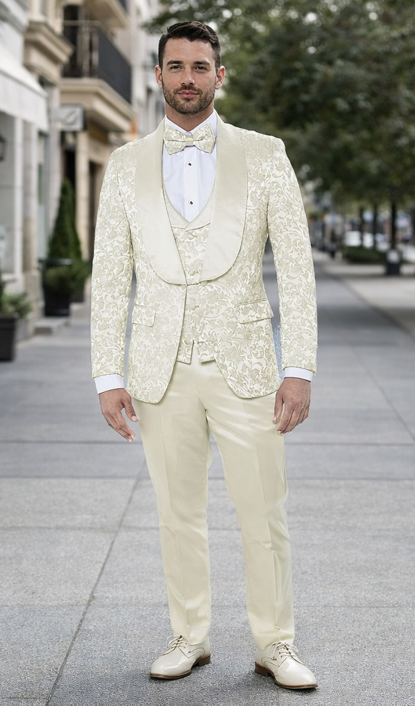 Designer Ivory Floral Tuxedo Set with Wide Shawl Lapel – Formal Wear