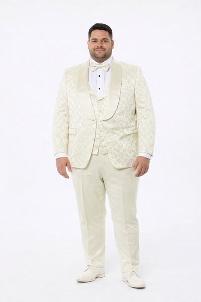 Designer Ivory Floral Tuxedo Set with Wide Shawl Lapel – Formal Wear