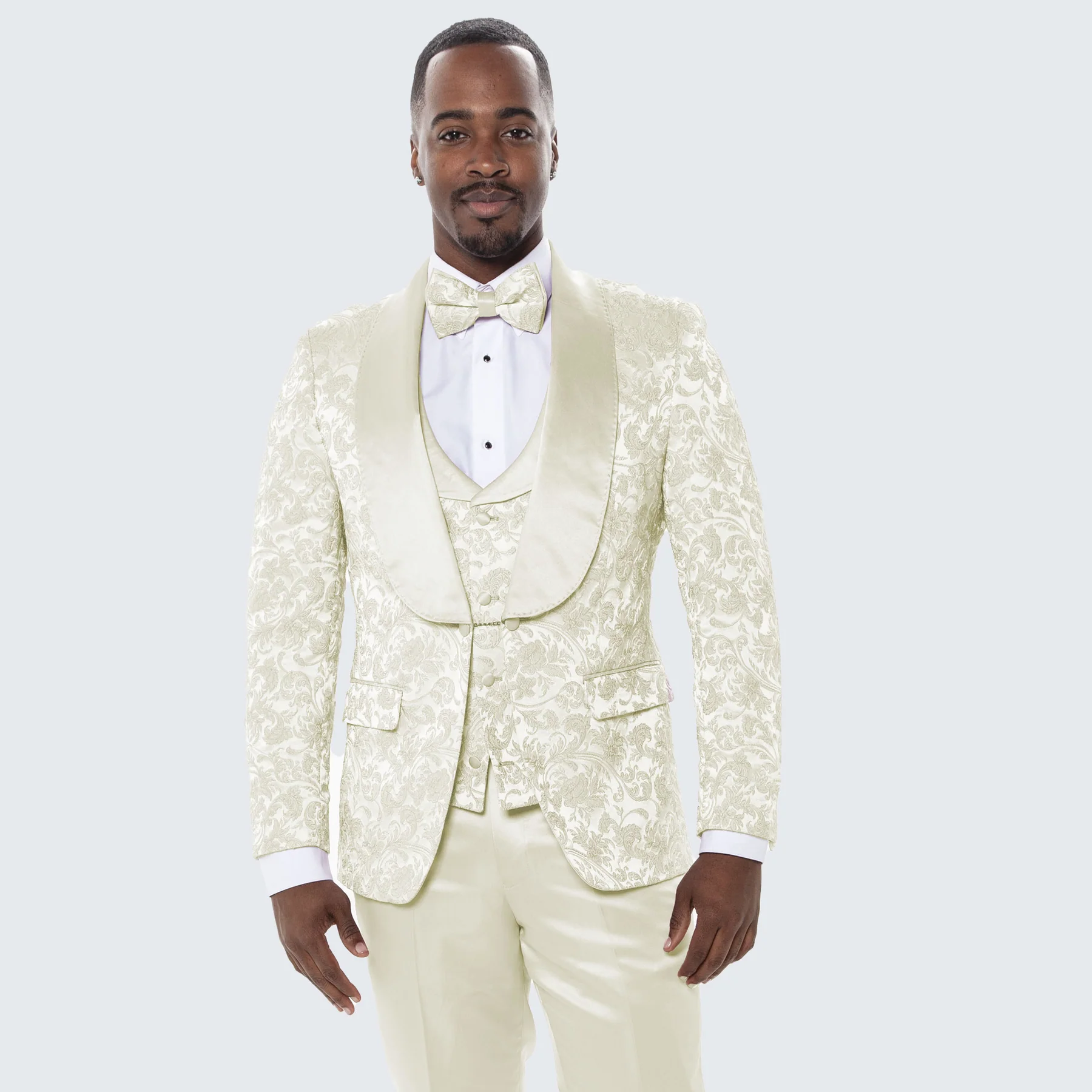 Designer Ivory Floral Tuxedo Set with Wide Shawl Lapel – Formal Wear