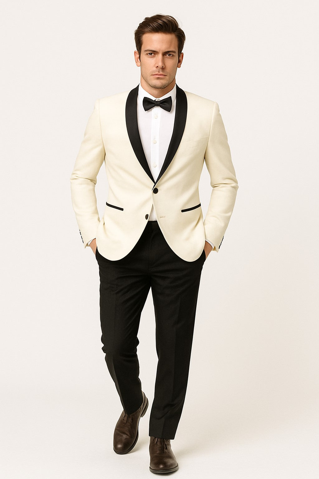 Men's Ivory ~ Cream ~ Off / Black Lapel White Shawl Collar Dinner Jacket / Blazer Black Trouser Fashion Tuxedo For Men