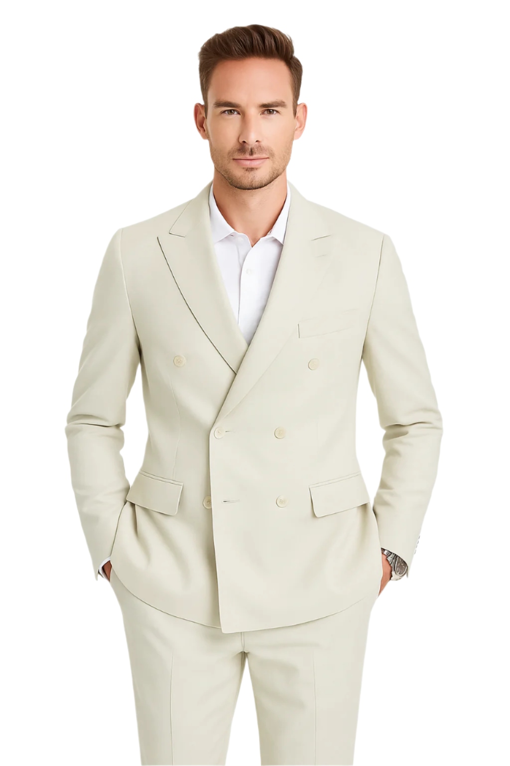 Ivory Double Breasted Linen Suit - Cream Color Summer Suit