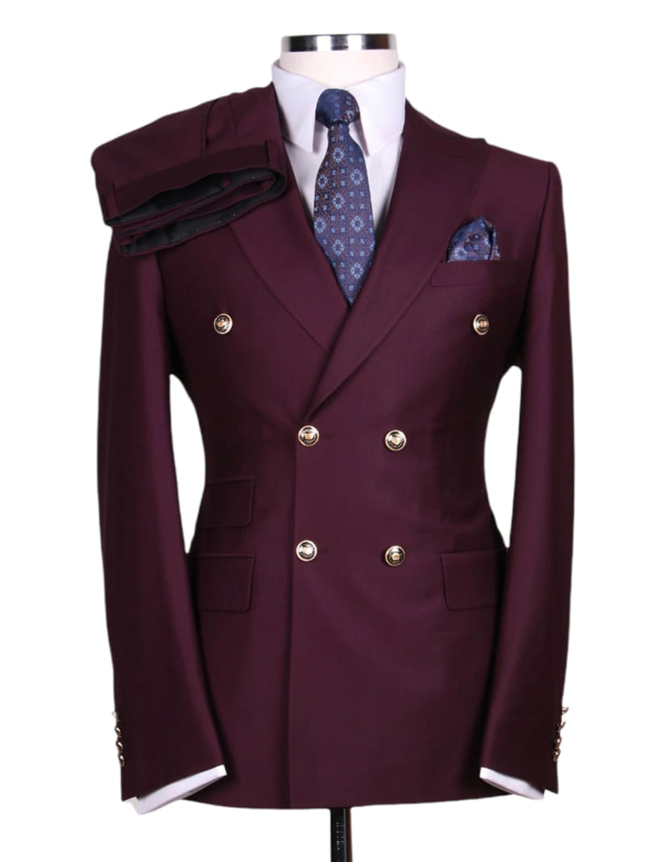 Modern Fit Burgundy Double Breasted Wool Suit