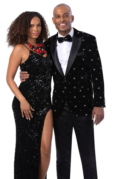 Menβs Designer Black Velvet Star Embroidered Tuxedo for Prom and Wedding