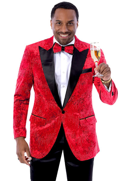 Menβs Red Velvet Studded Prom Tuxedo Jacket β Wedding and Formal Wear