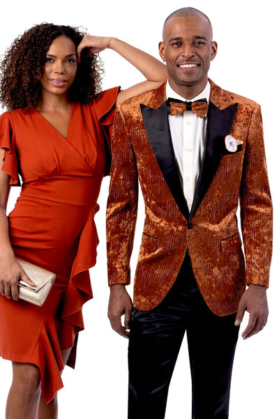 Menβs Designer Orange Rust Velvet Tuxedo Jacket with Studded Detail β Prom and Wedding