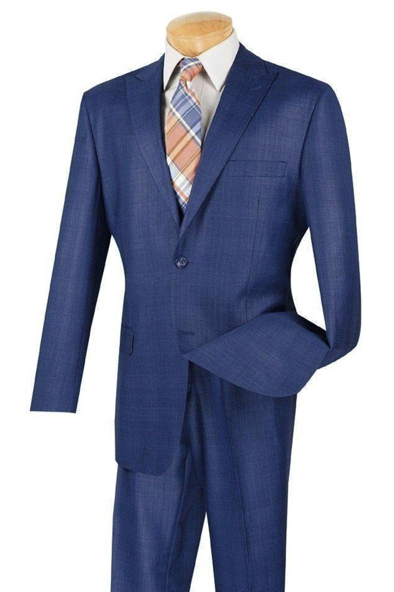 2 Button Peak Lapel Blue Plaid Suit for Men