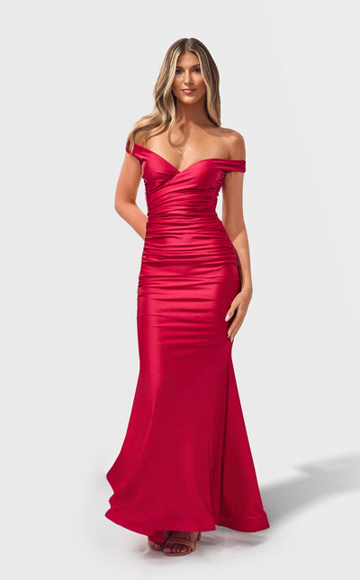 Jessica Angel JA2768 Off-Shoulder V-Neck Fitted Prom Formal Floor-Length Satin Dress