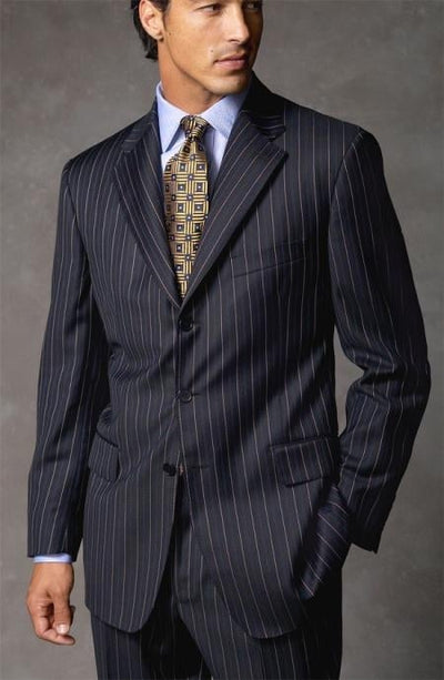 Joun Poul Side Vented Dark Navy Blue Suit For Men Pinstripe Super 140'S Available In 2 Or 3 Buttons Style Regular Classic Cut - mensusa