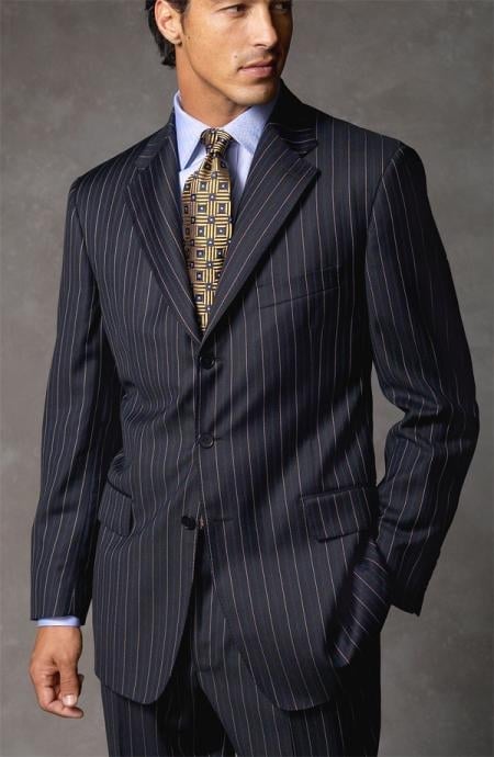 Joun Poul Side Vented Dark Navy Blue Suit For Men Pinstripe Super 140'S Available In 2 Or 3 Buttons Style Regular Classic Cut - mensusa