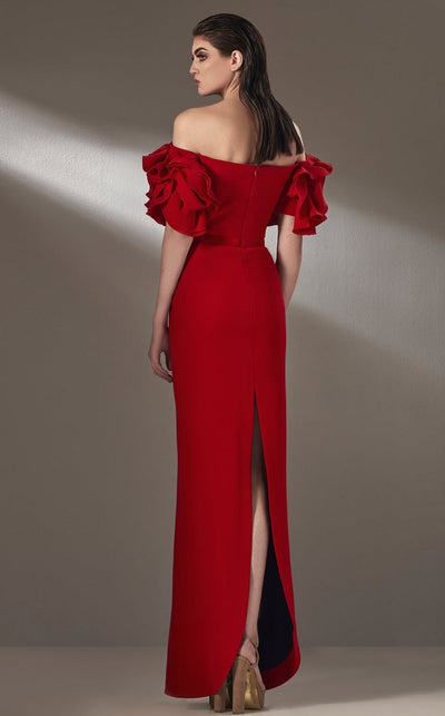 MNM Couture K3875 Off-Shoulder Red Sheath Gown with Puff Sleeves