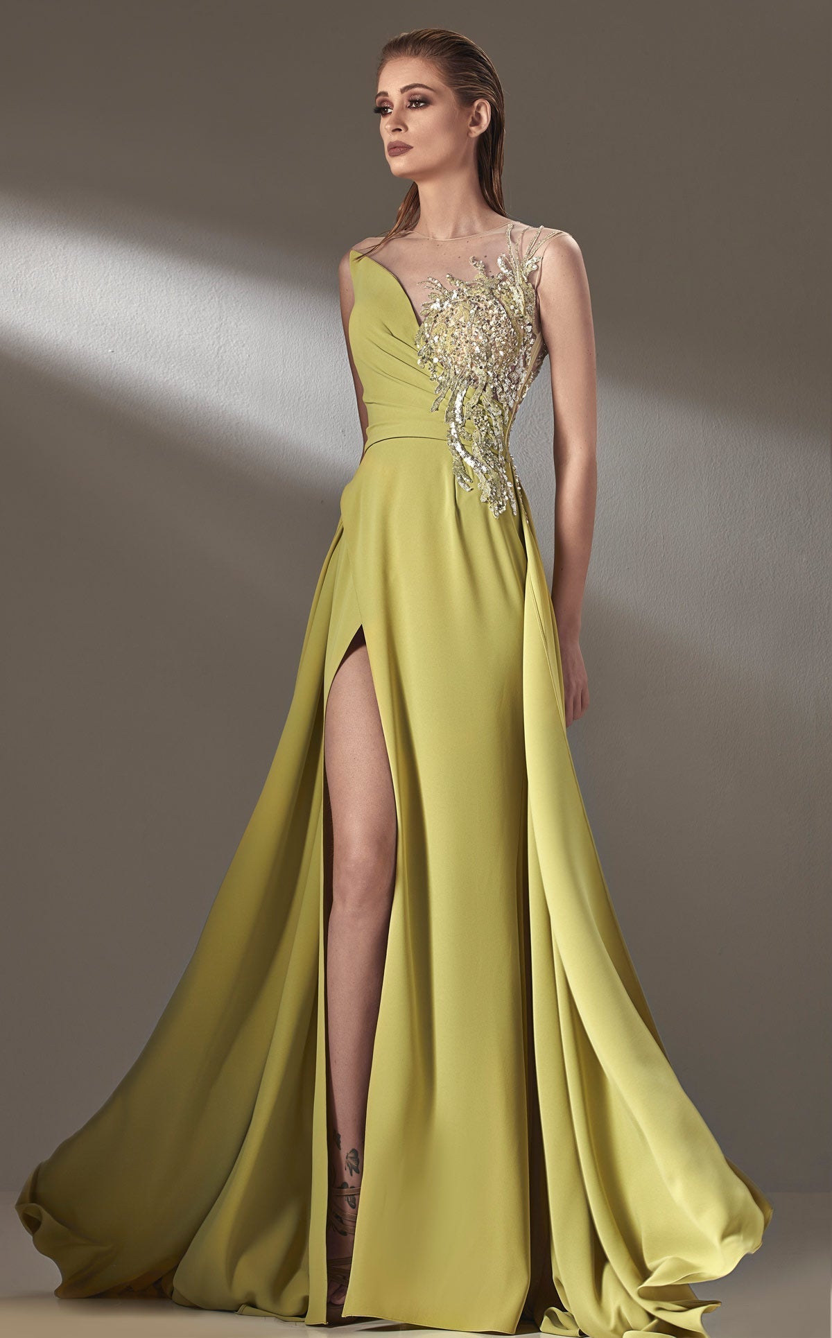 MNM Couture K3903 Yellow Sleeveless Illusion Bateau Gown