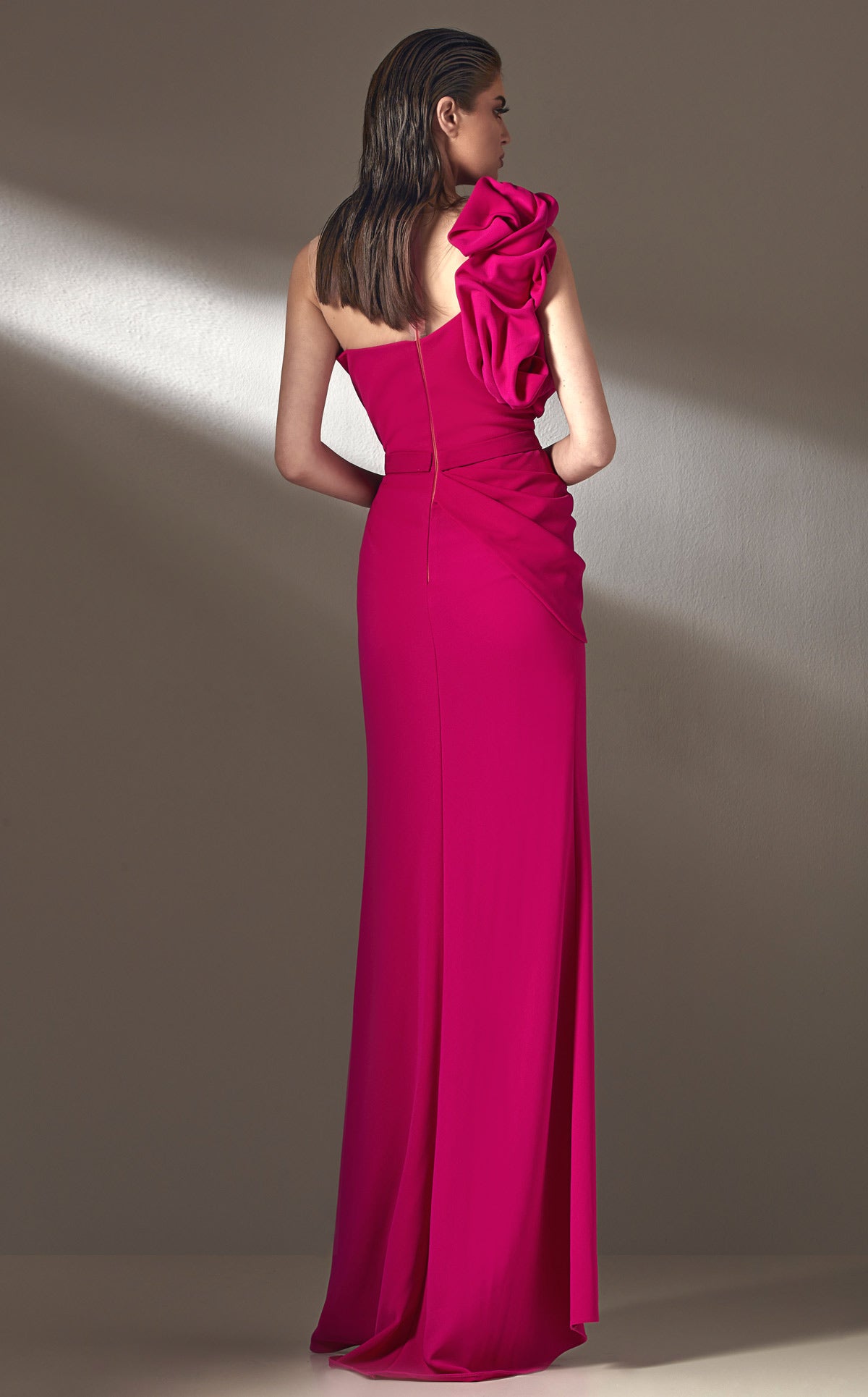 MNM Couture K3904 Red Asymmetrical A-Line Gown with Puffed Shoulder