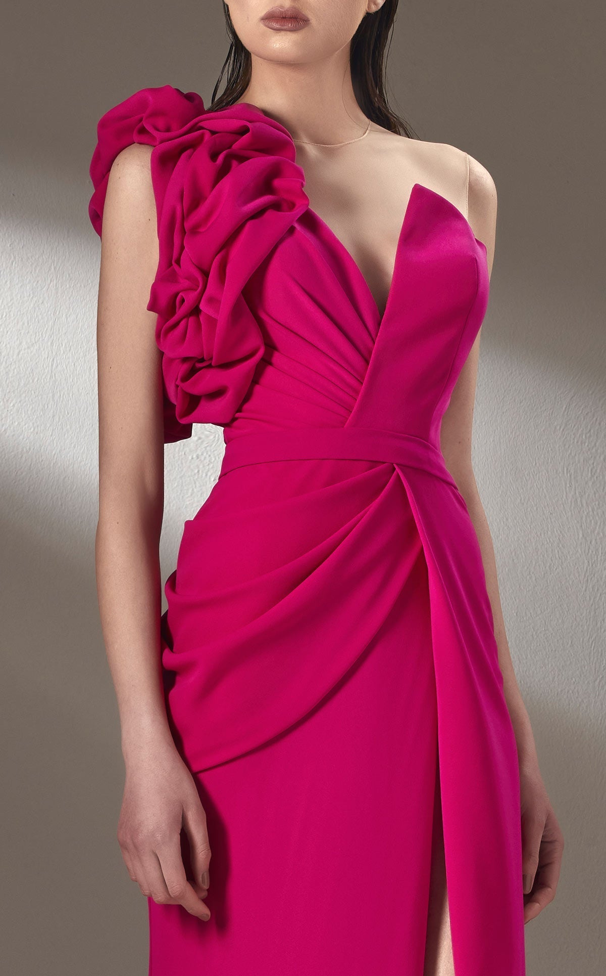 MNM Couture K3904 Red Asymmetrical A-Line Gown with Puffed Shoulder