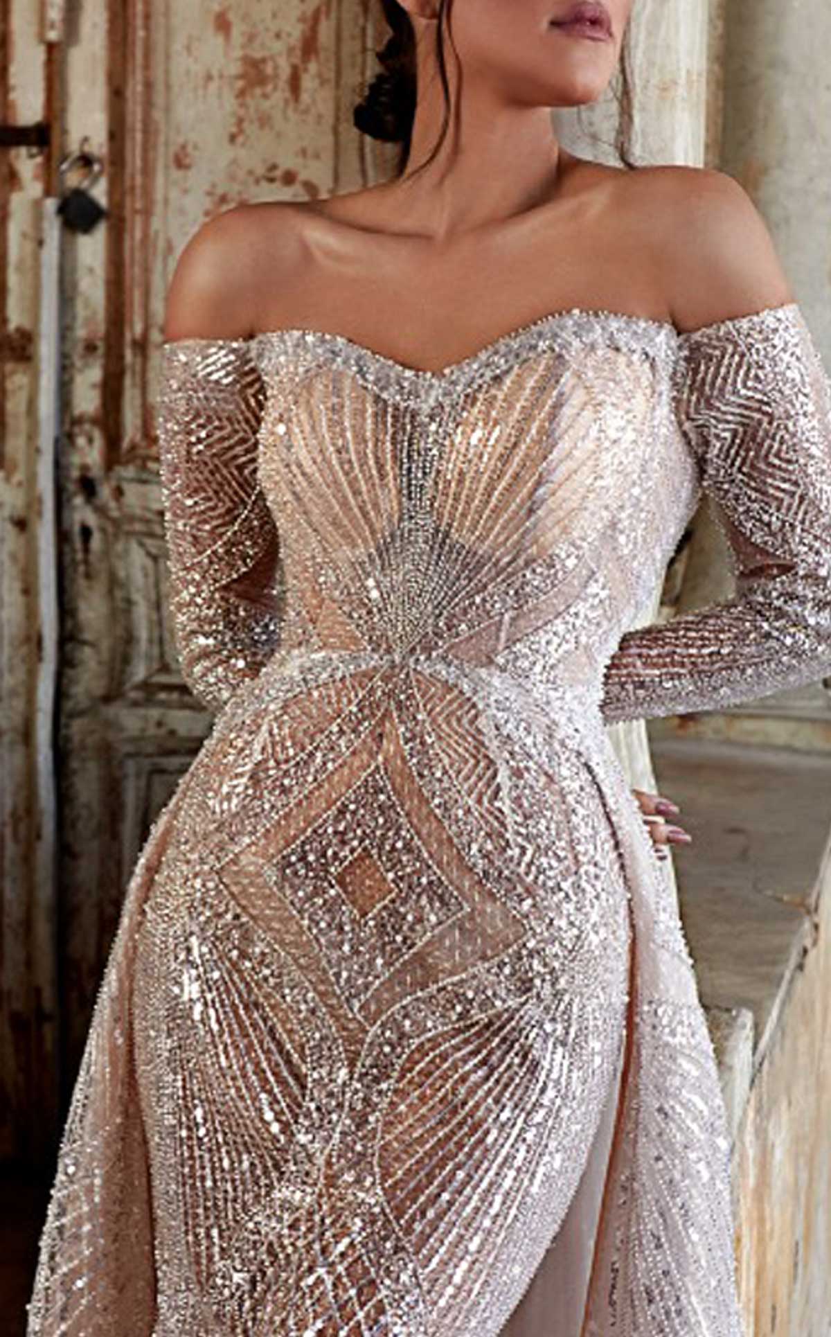 MNM Couture K3950 Beige Off-Shoulder Gown with Embellished Overskirt