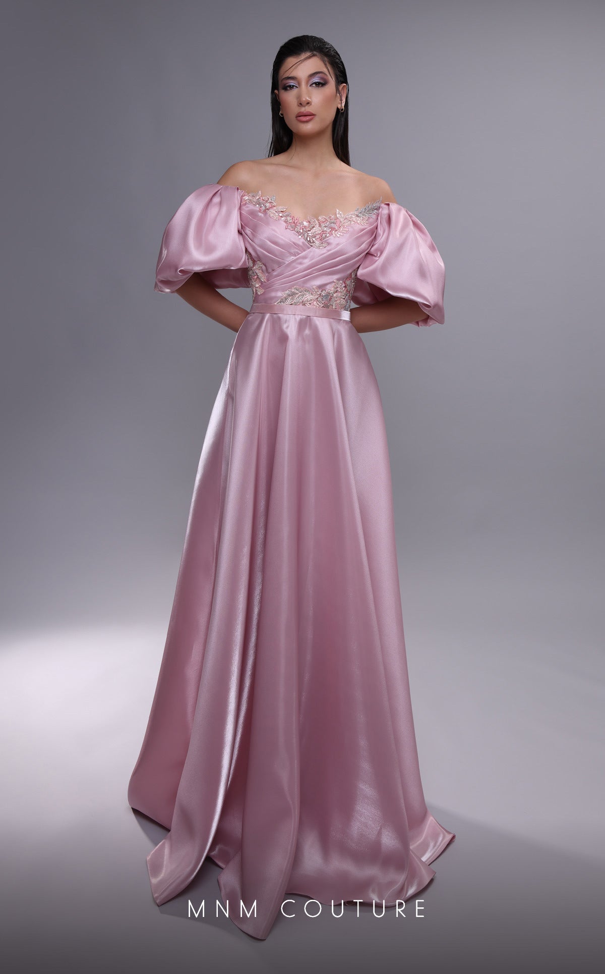 MNM Couture K4094 Off-Shoulder Pink Gown with Open Back
